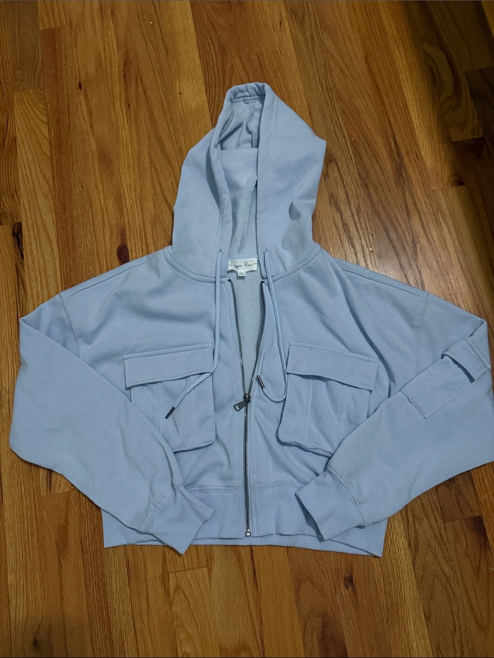 Hippie Rose Light Blue Hooded Utility Zip-Up cropped Jacket